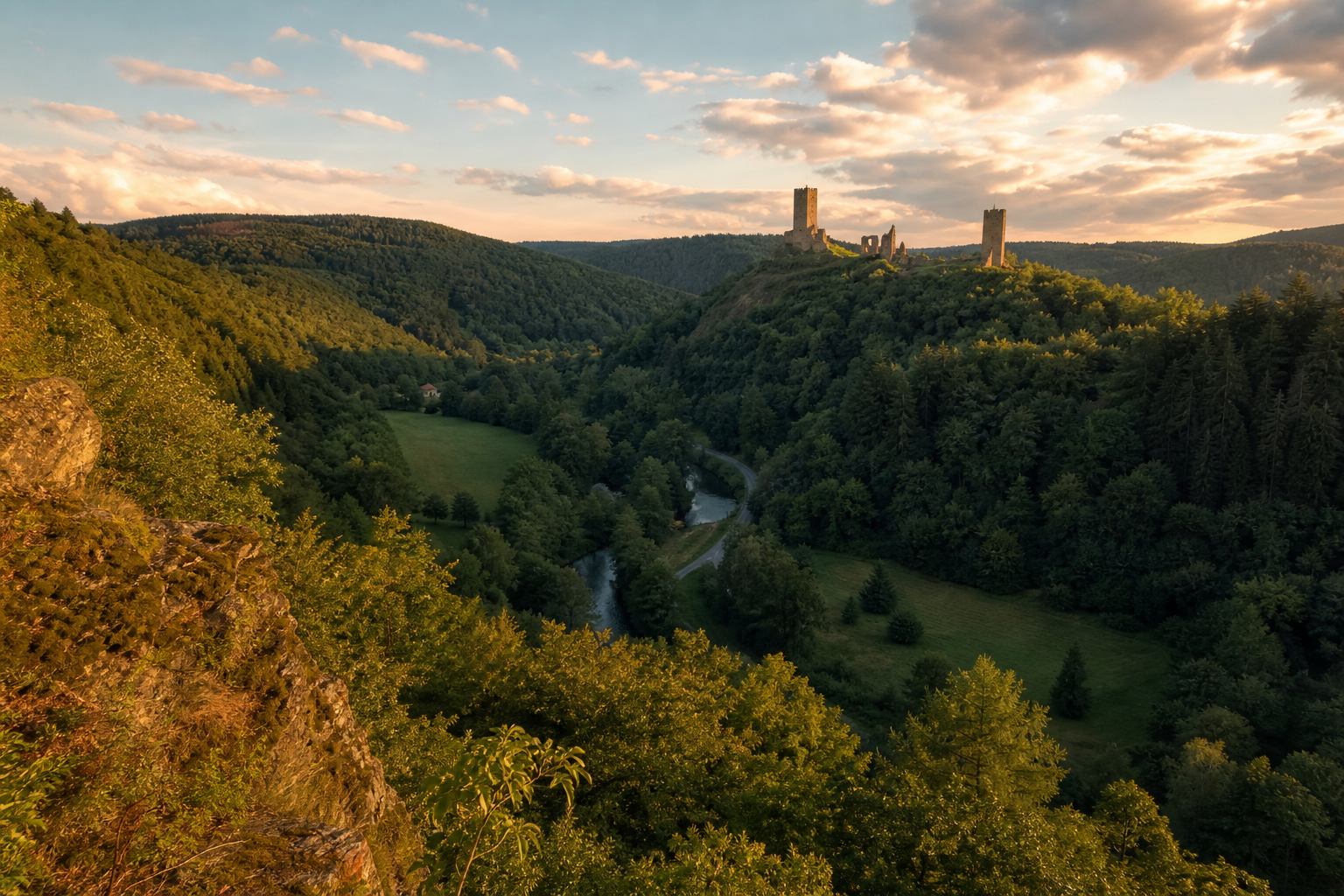 Abendliches Panorama über Manderscheid und das Liesertal
