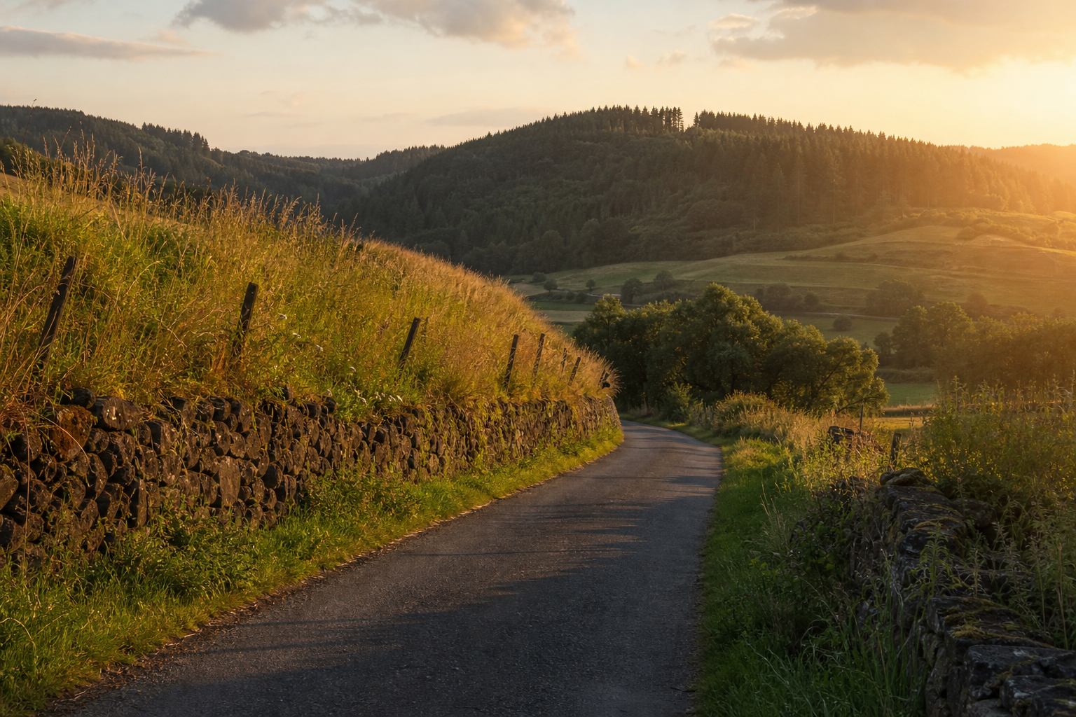 Schmale Landstraße zwischen vulkanischen Hügeln der Eifel